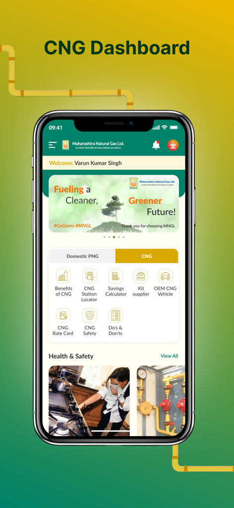 My MNGL app CNG dashboard showing service icons like station locator and savings calculator