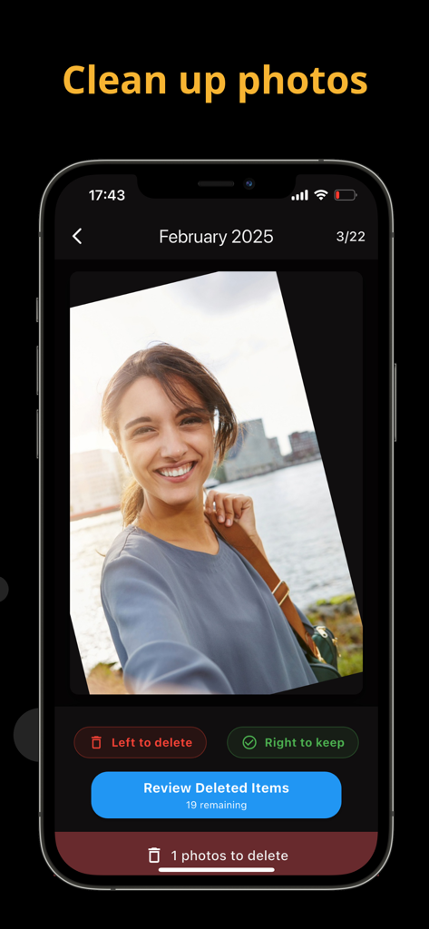 Photo Delete Swipe - A smartphone displaying the Photo Delete Swipe app interface where a user can swipe left to delete or right to keep a photo