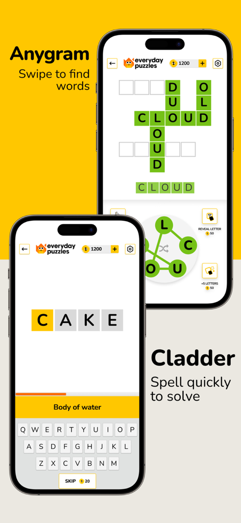 Everyday Puzzles: Mini Games - Mobile screens showcasing Anygram word search and Cladder word ladder games within the Everyday Puzzles app interface.