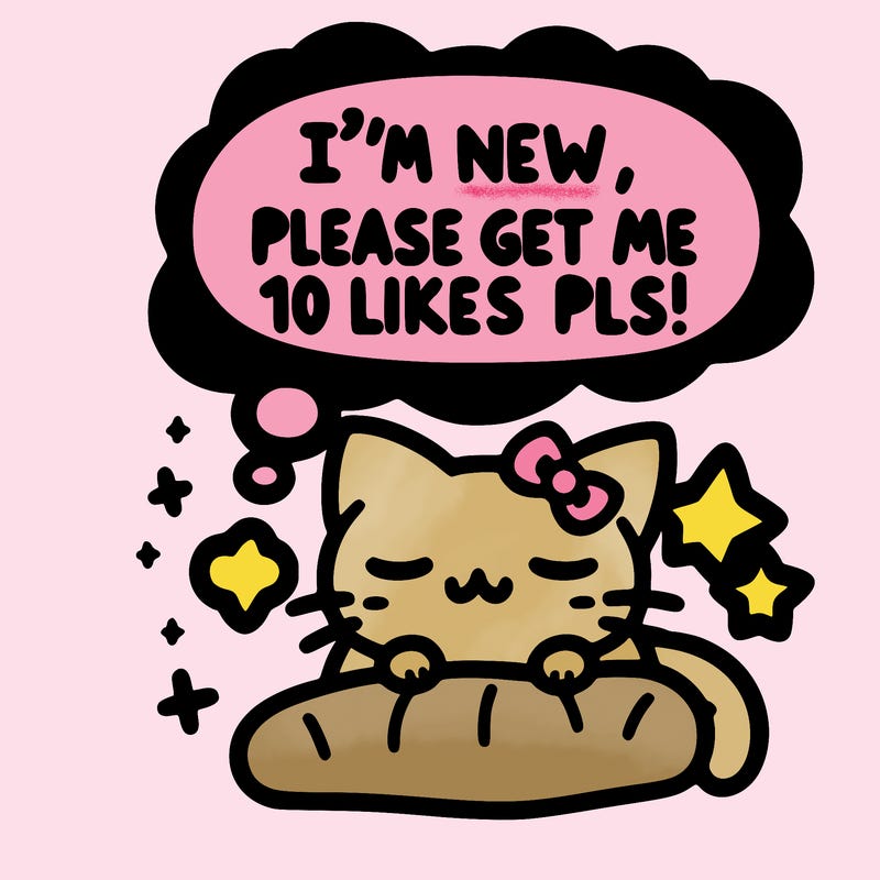 kitty taking a nap dream talking and saying "i'm new, please get me at least 10 likes pls!!"