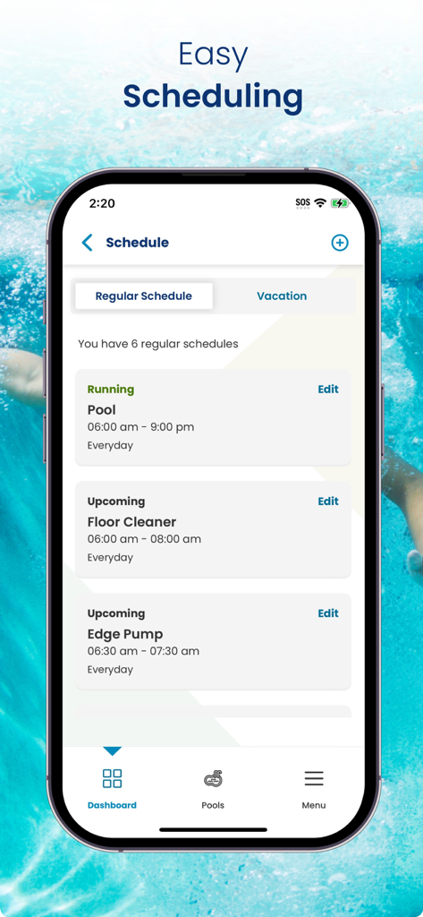Pentair Pool - Pentair Pool app interface showing a list of automated schedules for pool maintenance and equipment control