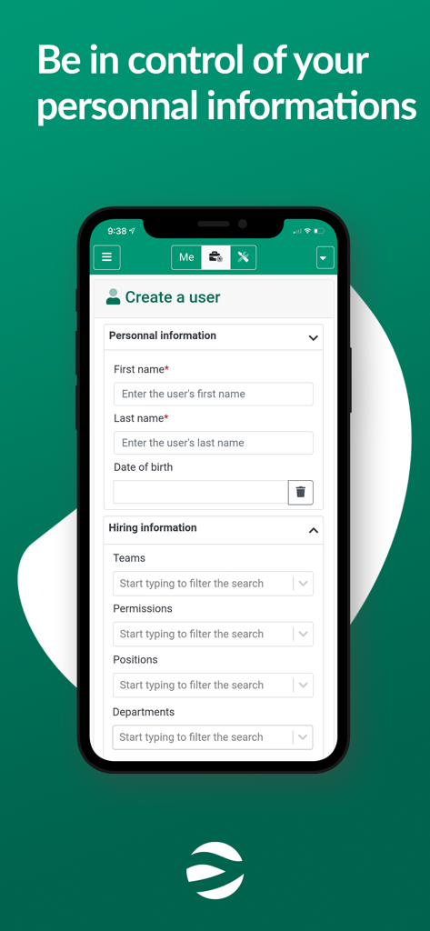 Schermata di creazione utente nell'app Merinio per l'inserimento di informazioni personali e di assunzione