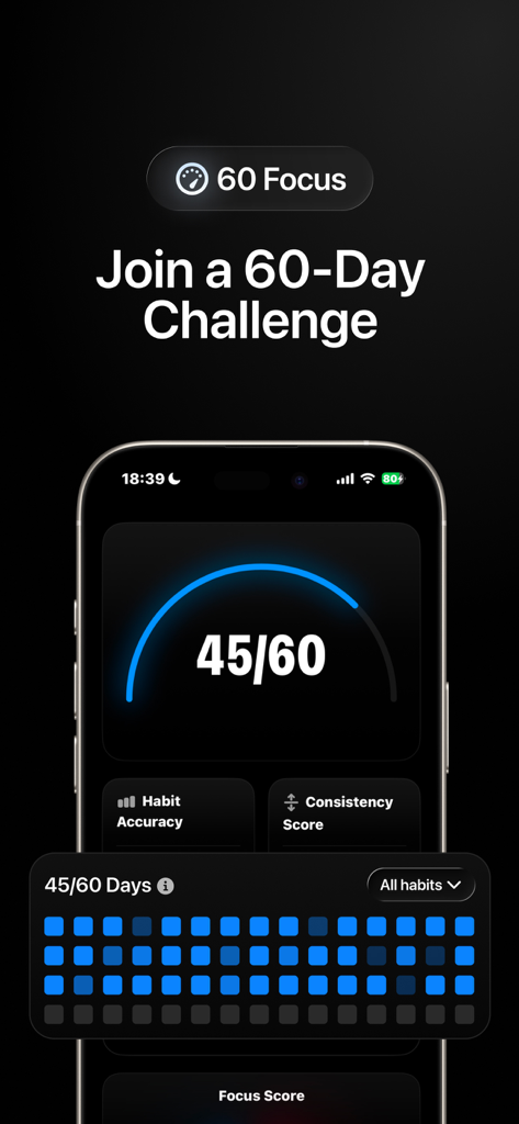 Pattrn AI - Self Improvement - Interface of the Pattrn AI app showing a 60-day focus challenge tracker with progress metrics and habit streaks.