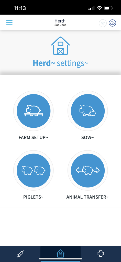 Herd settings menu in the Farm Data Manager app featuring options for farm setup, sow, piglets, and animal transfer