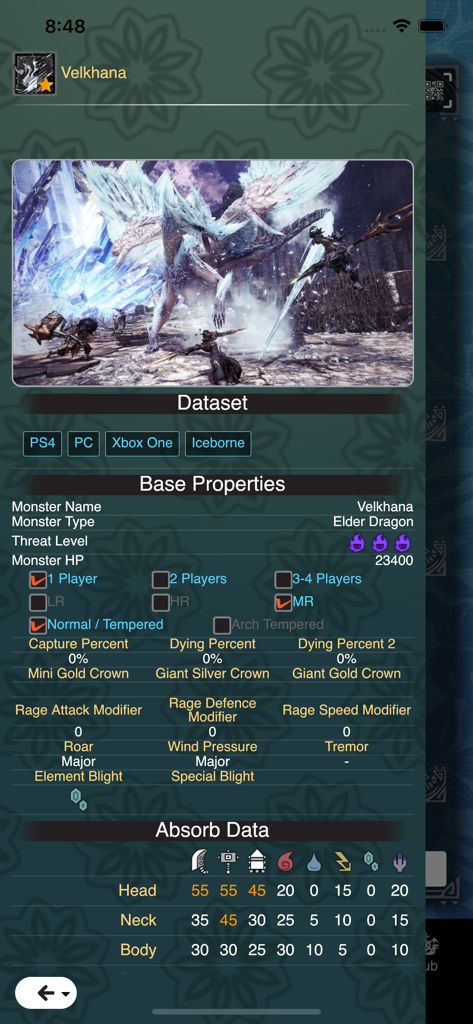 GameCat: MHW - A detailed monster database screen for Velkhana in the GameCat MHW app showing hitzone values and base properties.