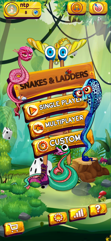 Snakes & Ladders Offline - Pantalla del menú principal de Serpientes y Escaleras Sin Conexión con coloridos personajes de serpientes y fondo de jungla