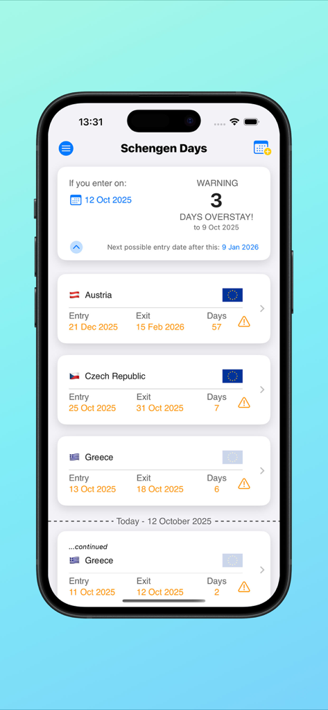 Schengen Days Calculator app interface showing an overstay warning and trip history for travel in Europe