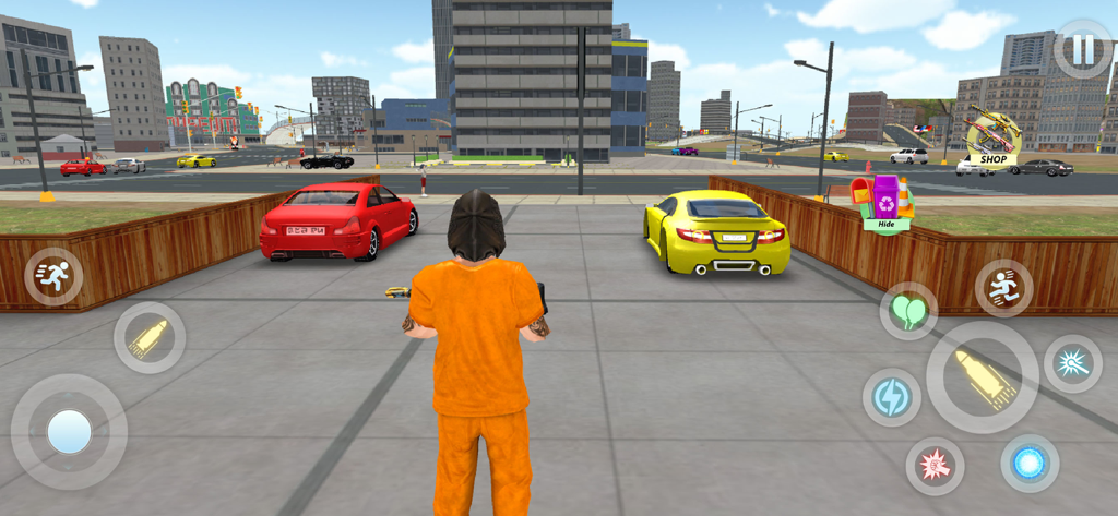 Gangster Vegas Crime Town Game - オープンワールドの街でスポーツカーの前に立っているオレンジ色の囚人服を着たキャラクター