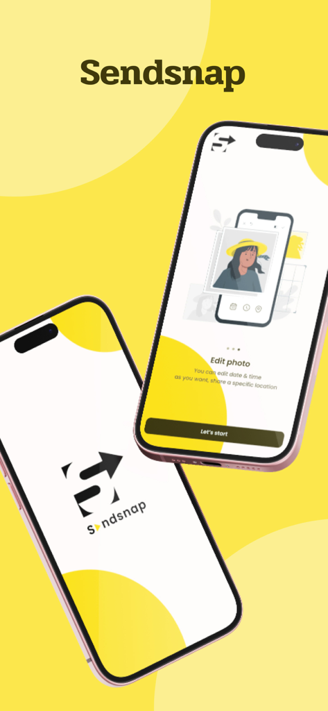 SendSnap app interface on iPhones highlighting photo editing and metadata features for social media
