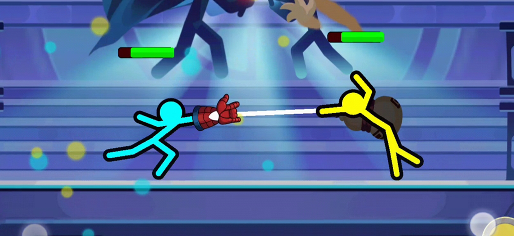 Stickman Clash Mobile - Blue and yellow stickman characters fighting in a 2D physics based arena