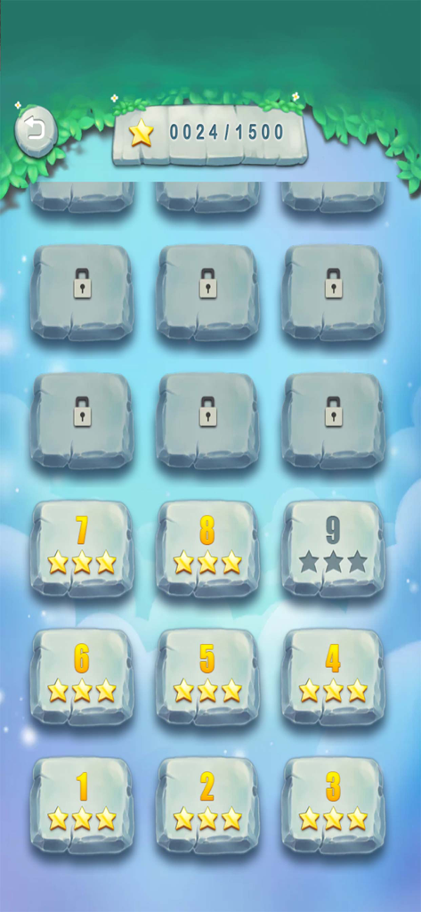 Matching King - Level selection screen of Matching King game showing stage progress and star ratings