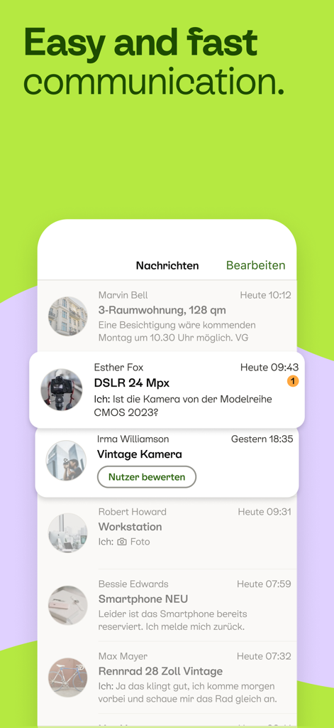 Kleinanzeigen - without eBay - Pantalla de mensajería dentro de la app que muestra una lista de chats entre compradores y vendedores para varios anuncios clasificados.