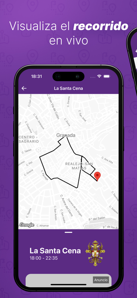 GeoPasos - Mapa en tiempo real en la aplicación GeoPasos mostrando la ruta de la procesión de Semana Santa de La Santa Cena en Granada.
