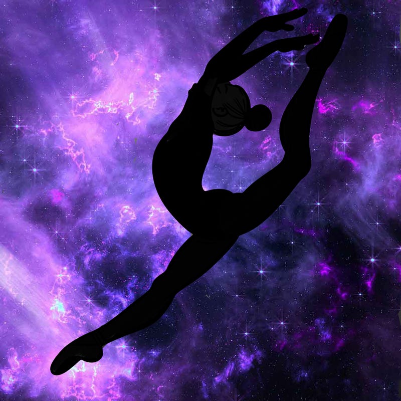 gymnast doing a leap in a leotard with a bent back leg