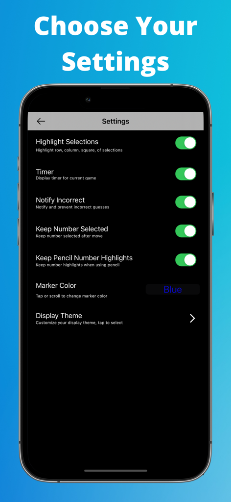 Sudoku Friends - Sudoku - Pantalla de smartphone que muestra el menú de configuración de la aplicación Sudoku Friends con interruptores para resaltados, temporizador y temas de pantalla.