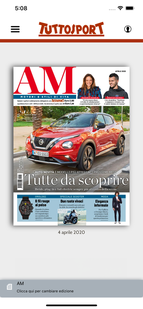 L'interfaccia dell'app mobile Tuttosport HD che mostra la copertina di una rivista digitale di lifestyle