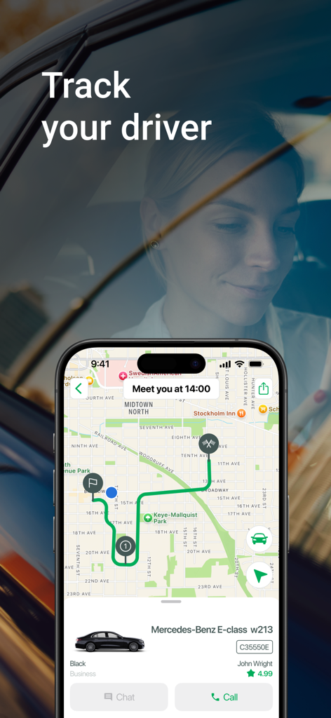 i’way: transfers in 600 cities - Real-time driver tracking interface in the iway app showing car details and map location