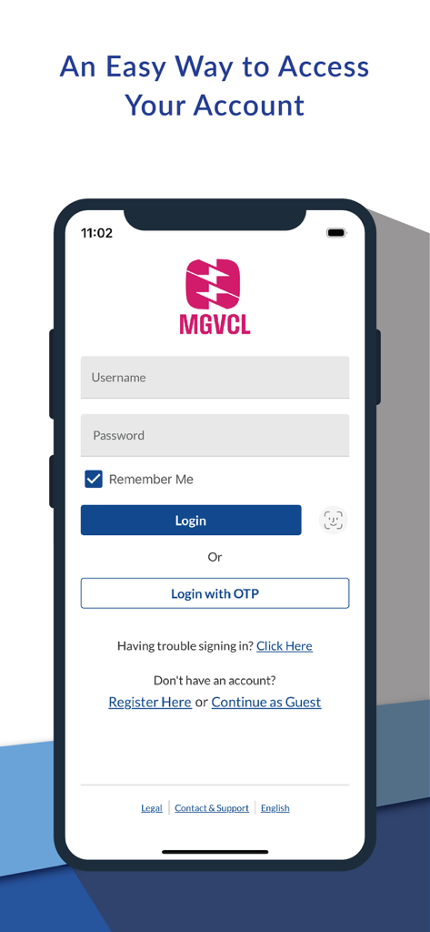 MGVCL Smart Meter - MGVCL Smart Meter login screen showing username and password fields with an option to login with OTP
