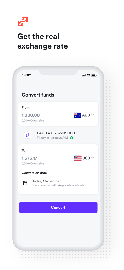 Airwallex - Airwallex mobile app interface showing a currency conversion from Australian Dollars to US Dollars with live exchange rates.