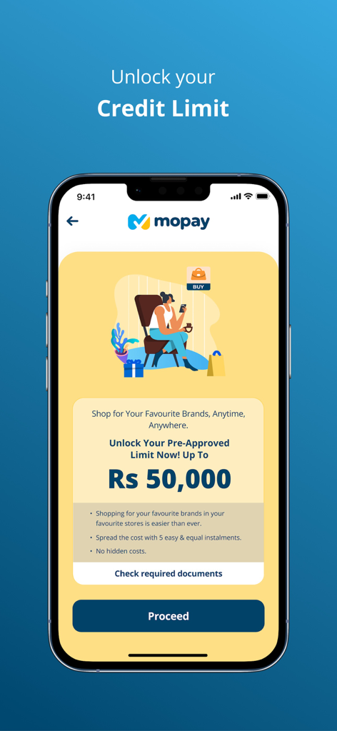 Mo Finans app screen showing a mopay pre-approved credit limit of 50000 Rupees with a proceed button