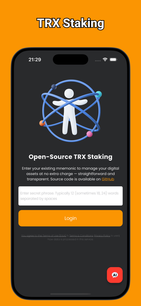 Login screen of Stake Tron app featuring a mnemonic phrase input field for TRX staking management