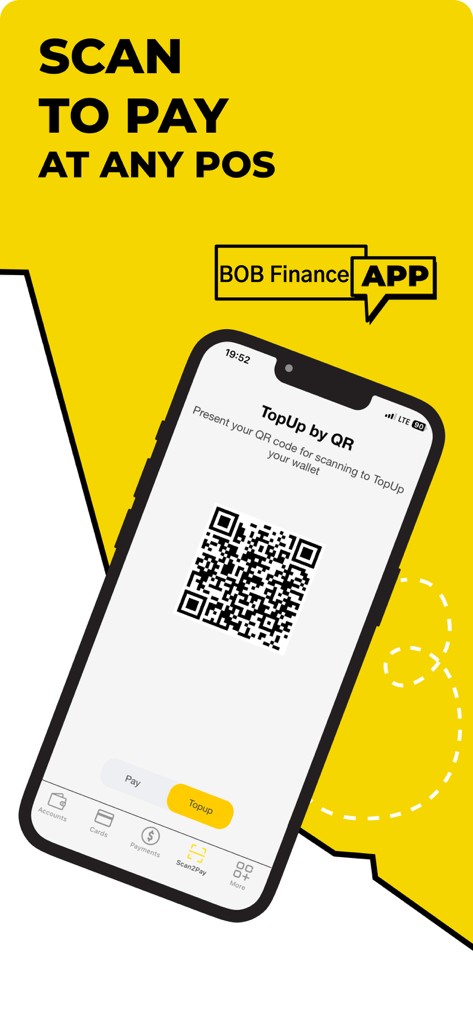 BOB Finance - BOB Finance app screen showing scan to pay feature at POS and wallet top-up via QR code