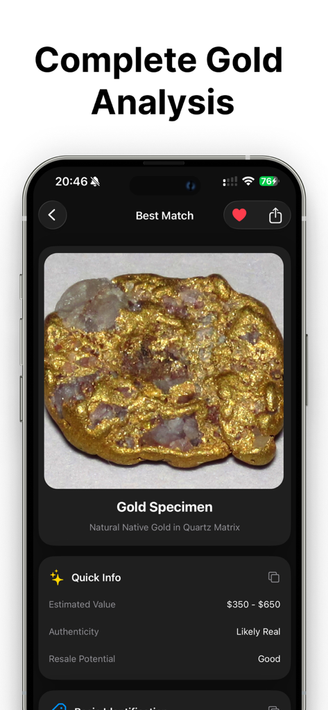 Gold Detector - AI Identifier - Gold Detector app screen displaying AI analysis and market value for a gold specimen