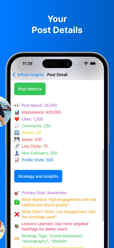 TikFoIIow Boost - Detailed social media post metrics and strategy insights screen in the TikFollow Boost app.