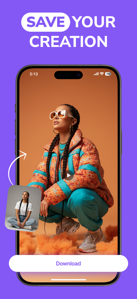Uma tela de celular mostrando a interface do aplicativo Pictory com um retrato de moda estilizado gerado por IA e um botão de download.