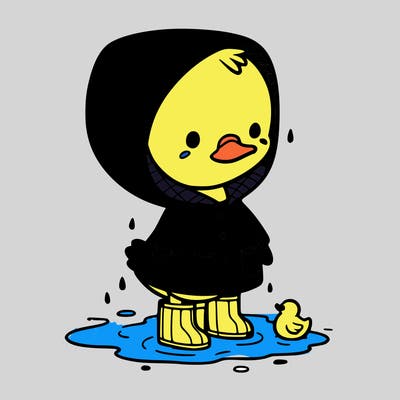 baby duck in a rain coat and boots, in a puddle while it’s raining