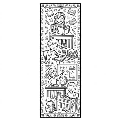 Celebrate the joy of learning with this delightful bookmark coloring page, showcasing children engaged in school activities. It's a perfect craft to inspire young readers and make study time fun!