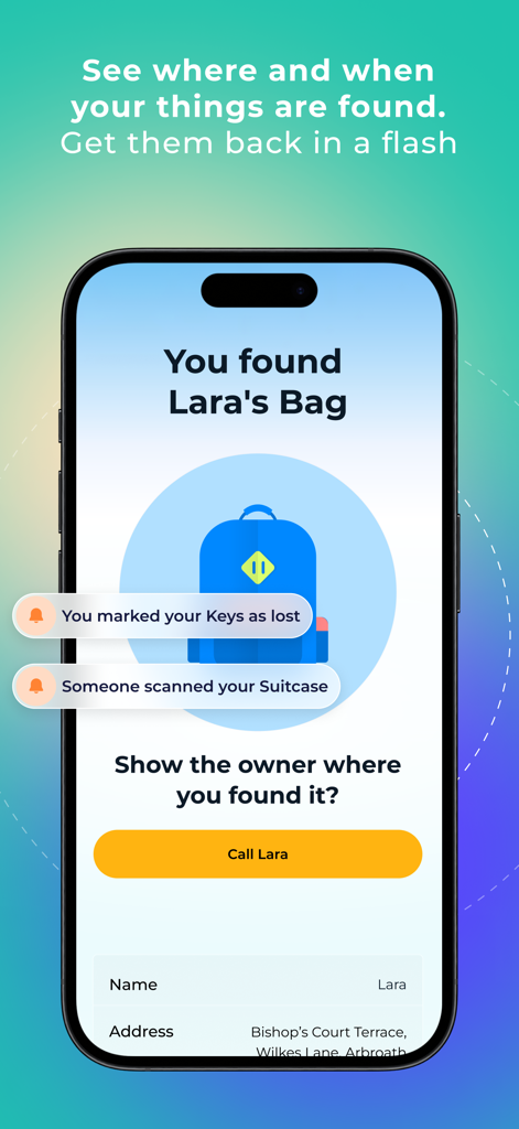 Letstrack - Family App - Letstrack app interface showing a found bag with owner contact details and recovery notifications