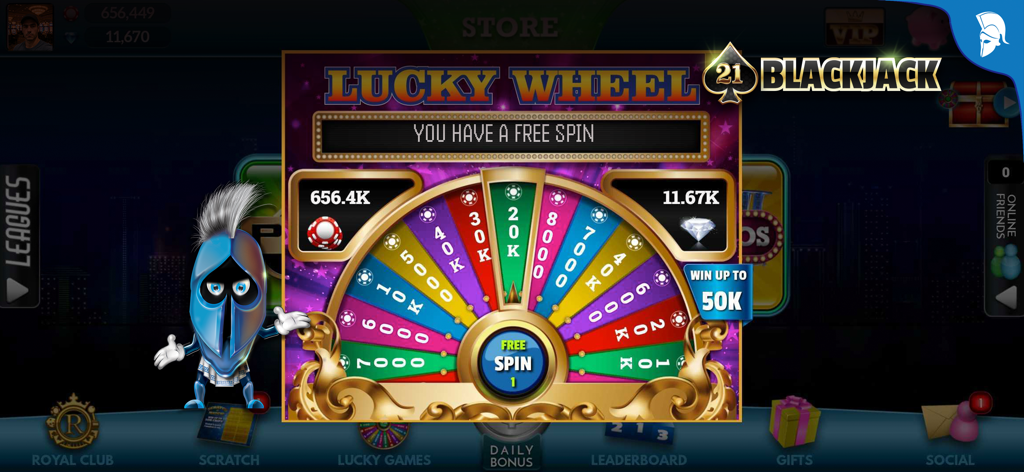 Blackjack 21: Live Casino game - Funzione Ruota della Fortuna nel gioco Blackjack 21 Live Casino che offre fiches bonus gratuite