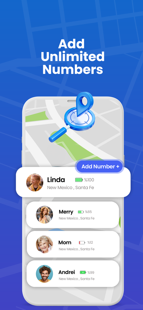 GeoLog app interface showing a list of tracked contacts with their names battery levels and locations