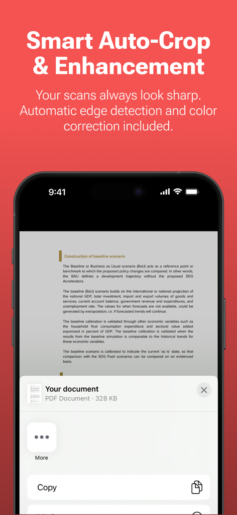 PDF Converter: PDF Compressor - Smartphone screen showing a scanned document with smart auto-crop and enhancement features