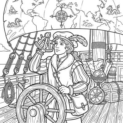 Join a brave Renaissance explorer on an exciting journey across the oceans, discovering new lands and charting unknown routes. This engaging coloring page is perfect for young adventurers ready to bring history to life with their favorite colors.