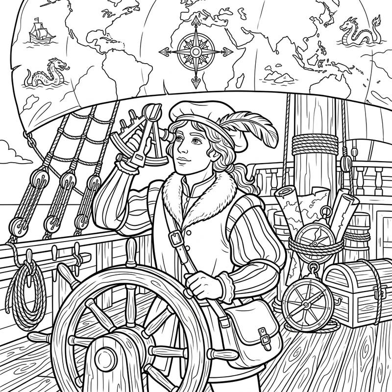Join a brave Renaissance explorer on an exciting journey across the oceans, discovering new lands and charting unknown routes. This engaging coloring page is perfect for young adventurers ready to bring history to life with their favorite colors.