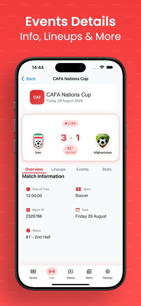 Hola Sports – Live Football - Mobile app interface showing live soccer match details and score for a CAFA Nations Cup game