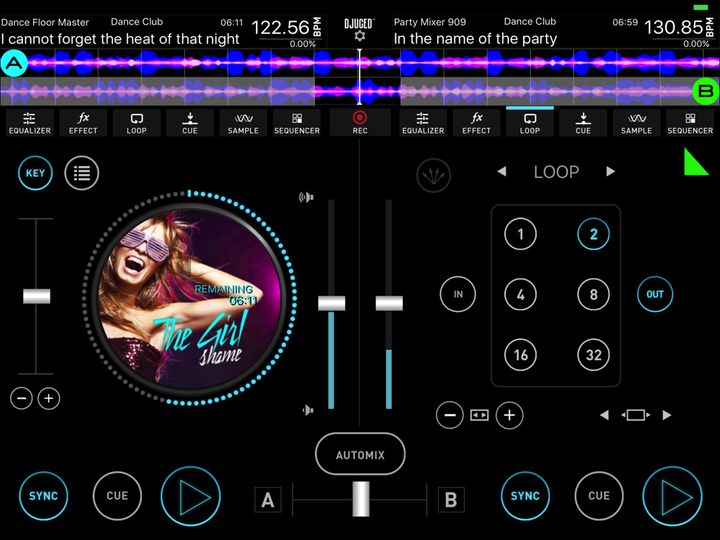 DJUCED app interface on iPad showing dual deck mixing tools and waveforms