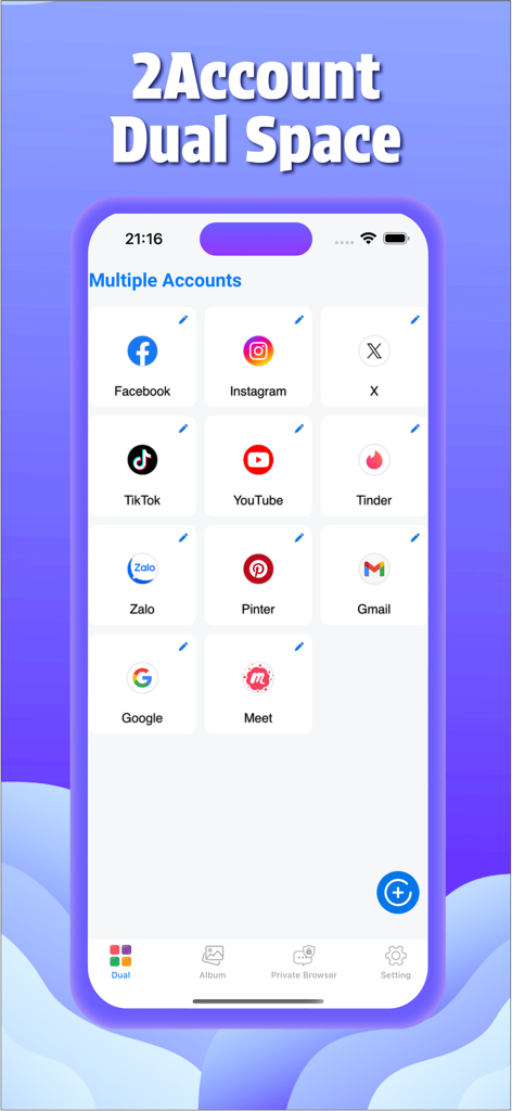 Dual Space: Multiple Parallel - Dashboard of Dual Space app showing icons for multiple social media and messaging accounts on an iPhone screen