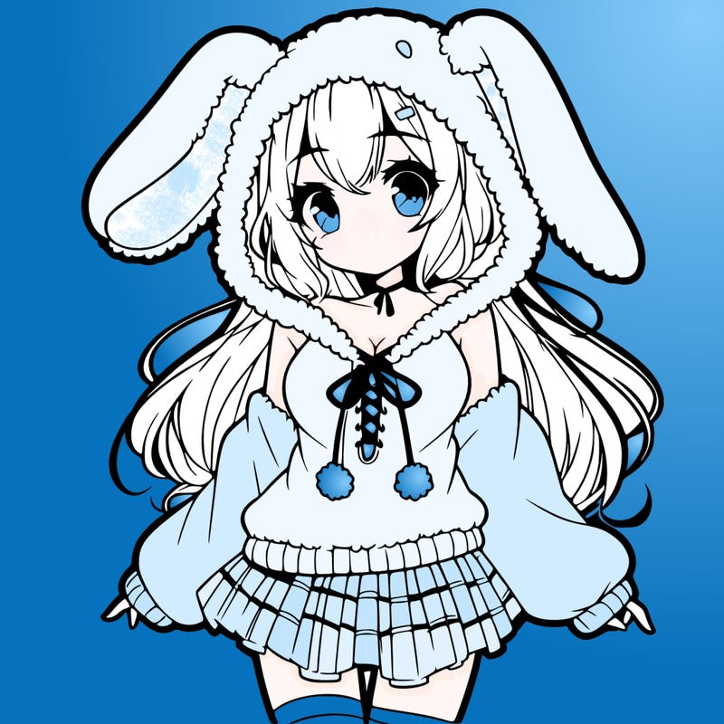 pretty anime girl wearing a fluffy hoodie with bunny ears on the hood and a skirt