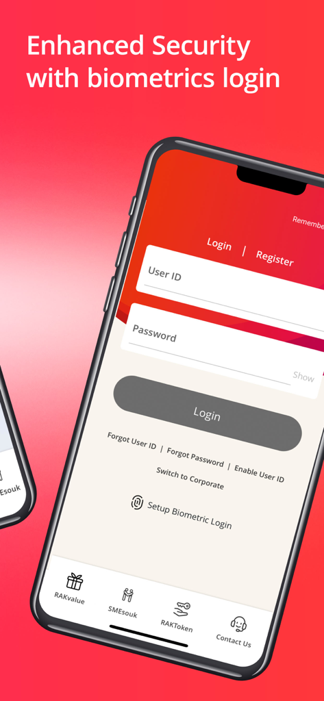RAKBANK Business - RAKBANK Business app login screen showing biometrics security feature