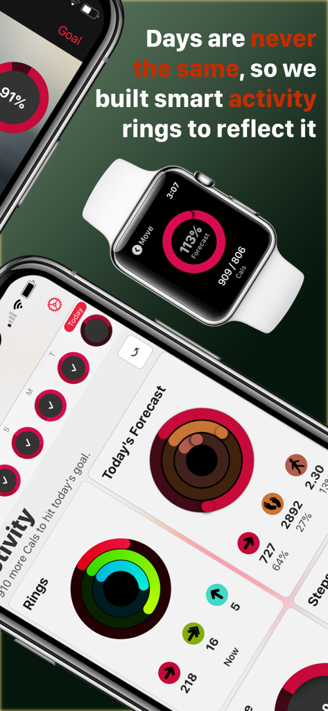 HeartWatch app interface on iPhone and Apple Watch showing smart activity rings and health forecasts