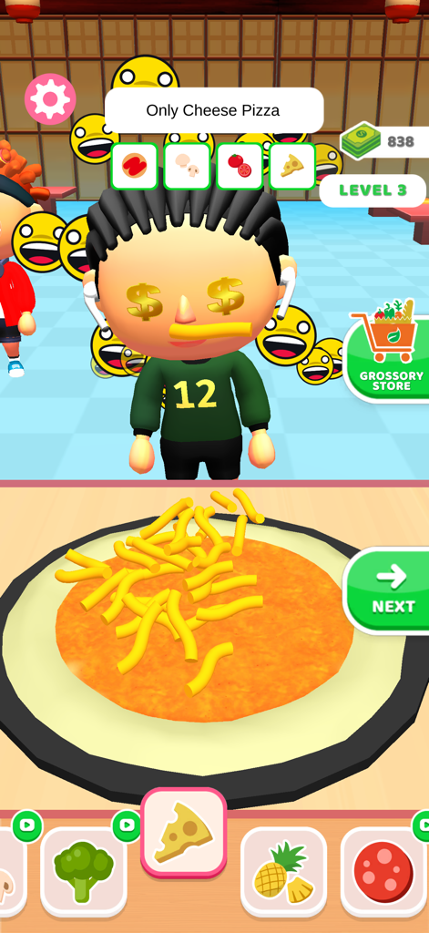 Overcooked Pizza: Make a Pizza - Gameplay screen of a pizza maker game showing shredded cheese being added to a pizza crust