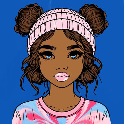 realistic girl with buns in her hair with a beanie on