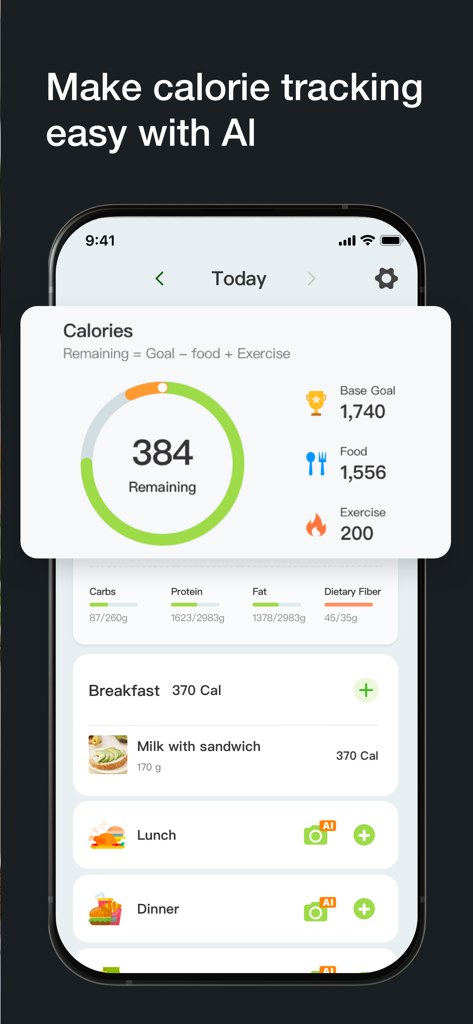 Cal Pal app interface displaying daily calorie and macro tracking with AI meal logging options