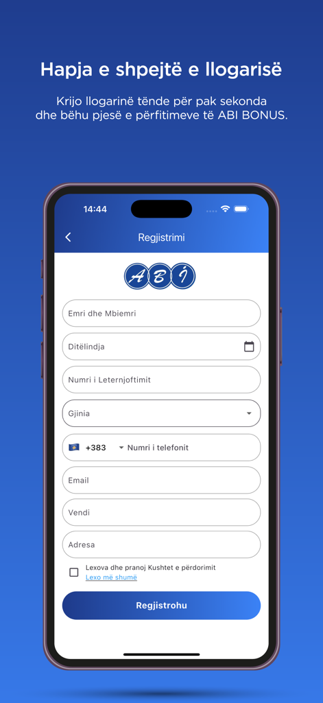 ABI Bonus - Registration screen for the ABI Bonus loyalty app showing a sign up form for new members