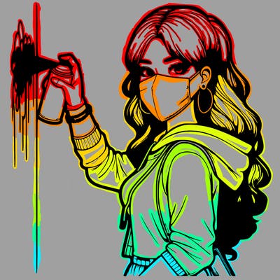 realistic girl with mask spray painting a wall