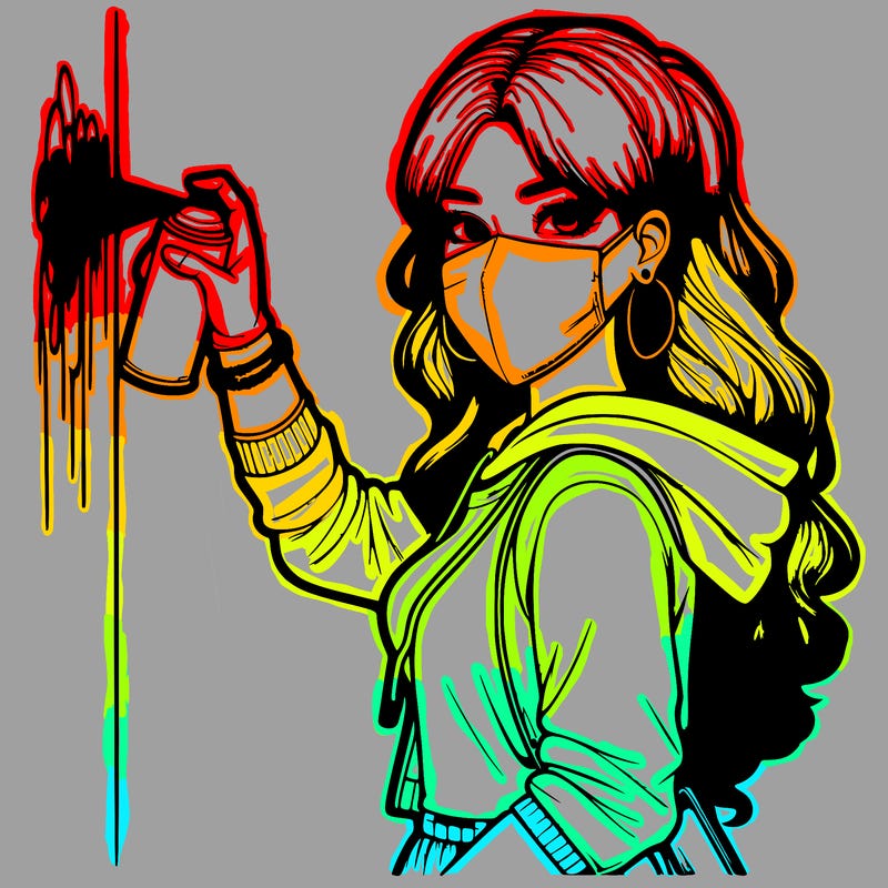 realistic girl with mask spray painting a wall