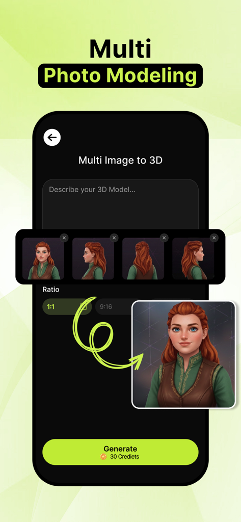 Interfaccia dell'app Meshy AI che mostra come generare un modello 3D da più foto di riferimento di un personaggio